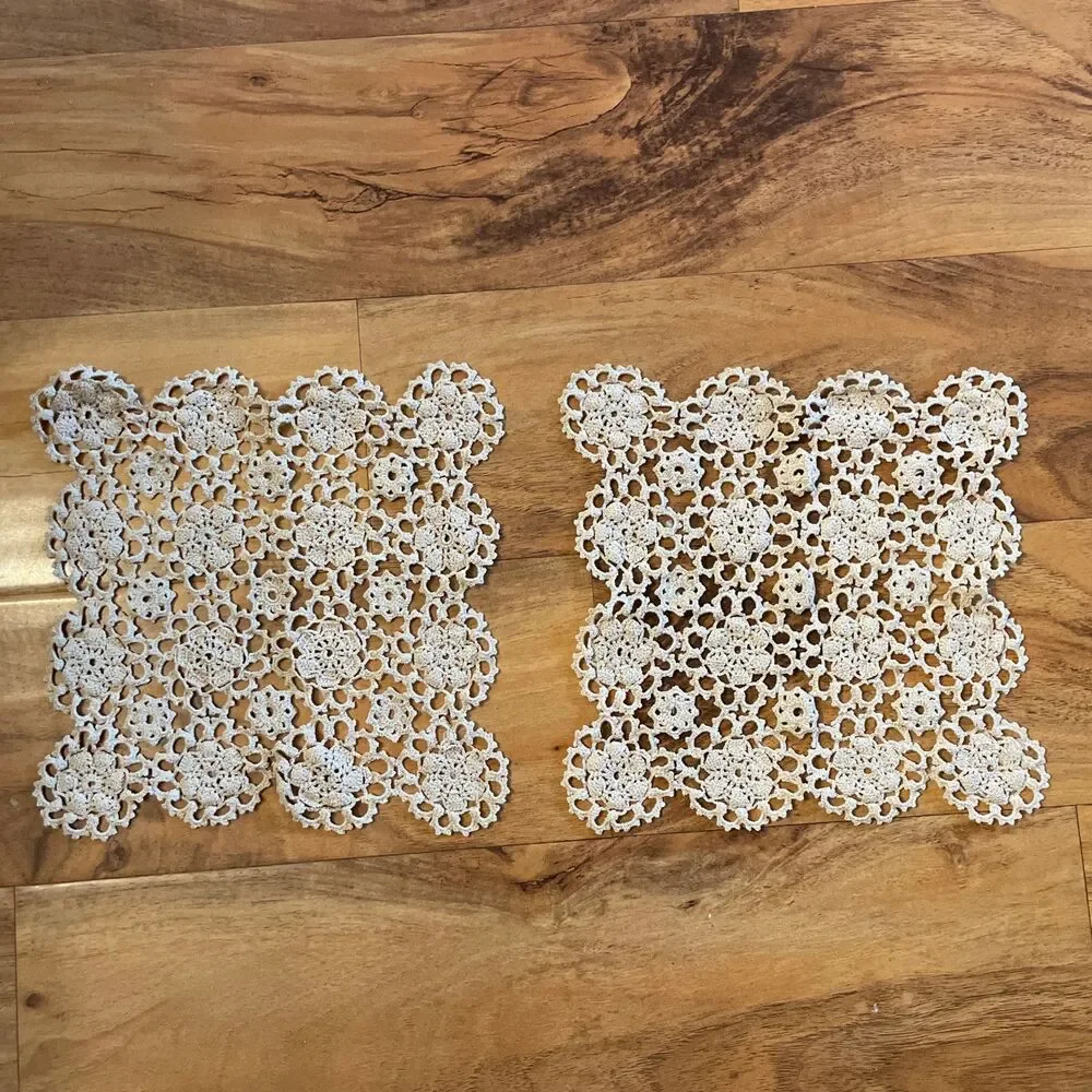 Pair Of Square Vintage Doilies Handmade Crochet Decor Ivory Cottagecore